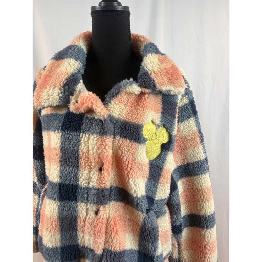 Disney Mickey Mouse Plaid Sherpa Fleece Teddy Jacket Pink Navy XL - Picture 3 of 8